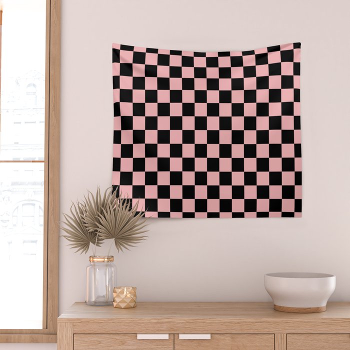 Pink and Black Checkered Checkerboard Check Pattern Wall Tapestry Gallery Image 2