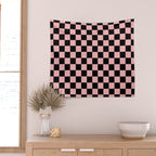 Pink and Black Checkered Checkerboard Check Pattern Wall Tapestry Gallery Image 2