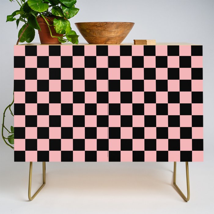 Pink and Black Checkered Checkerboard Check Pattern Credenza Gallery Image 1