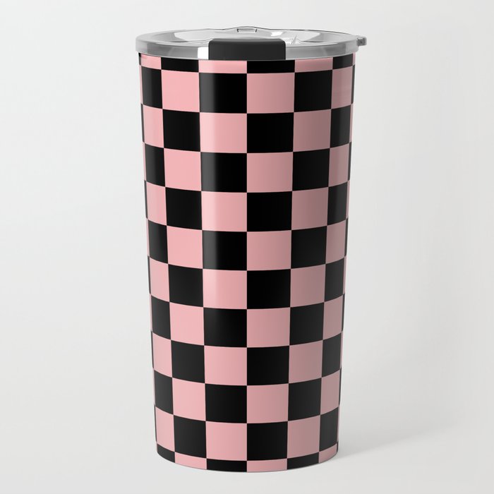 Pink and Black Checkered Checkerboard Check Pattern Travel Mug Gallery Image 1