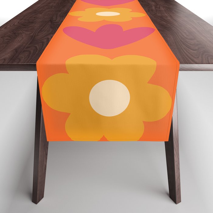 Such Cute Flowers Retro Floral Pattern in 60s 70s Pink Orange Mustard Cream Table Runner Gallery Image 1