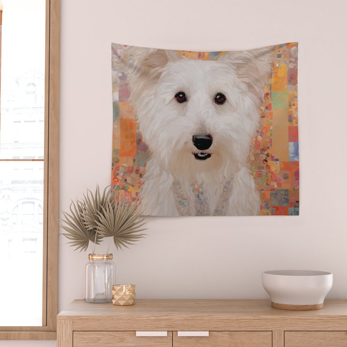 White Klimt Dog with Brown Eyes Wall Tapestry Gallery Image 2