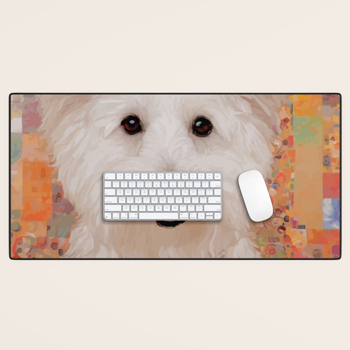 White Klimt Dog with Brown Eyes Desk Mat Gallery Image 1