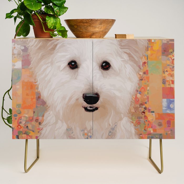 White Klimt Dog with Brown Eyes Credenza Gallery Image 1