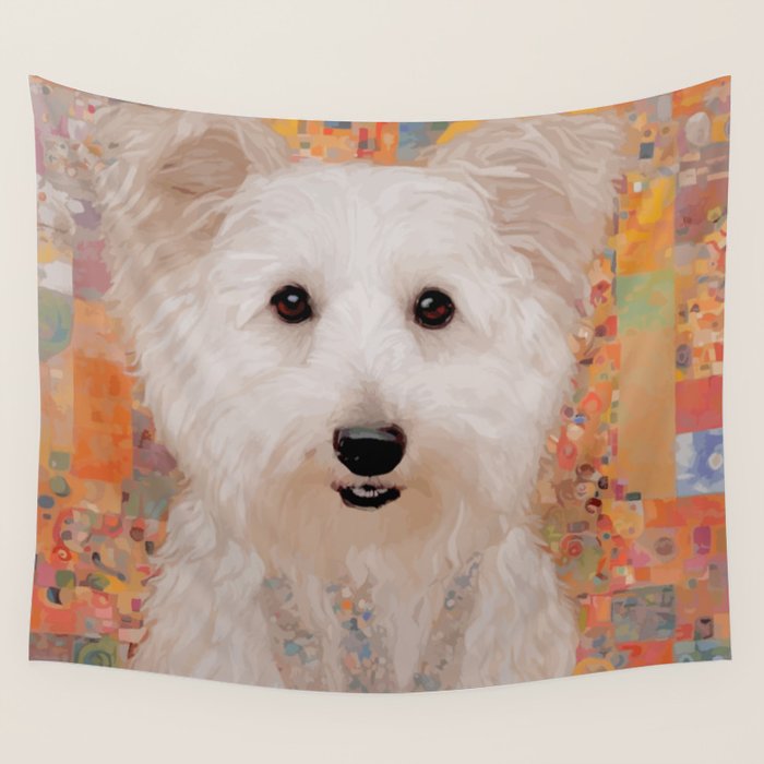 White Klimt Dog with Brown Eyes Wall Tapestry Gallery Image 1