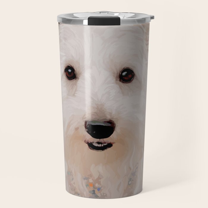 White Klimt Dog with Brown Eyes Travel Mug Gallery Image 1