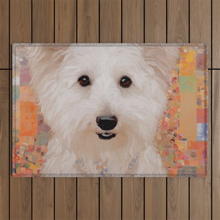 White Klimt Dog with Brown Eyes Outdoor Rug Gallery Image 1