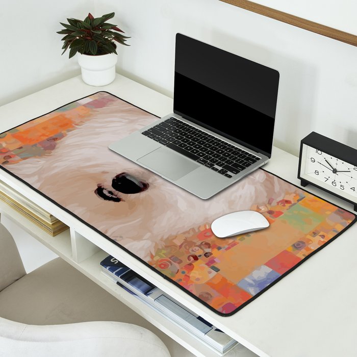 White Klimt Dog with Brown Eyes Desk Mat Gallery Image 2