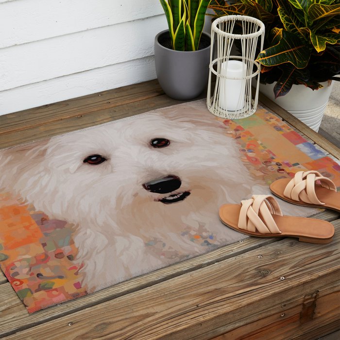 White Klimt Dog with Brown Eyes Outdoor Rug Gallery Image 2