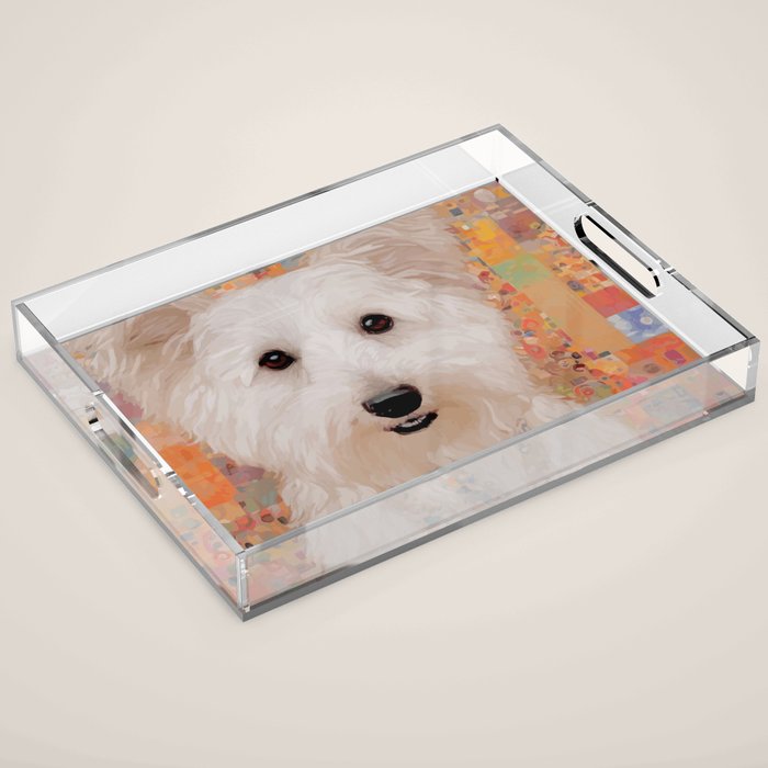 White Klimt Dog with Brown Eyes Acrylic Tray Gallery Image 1