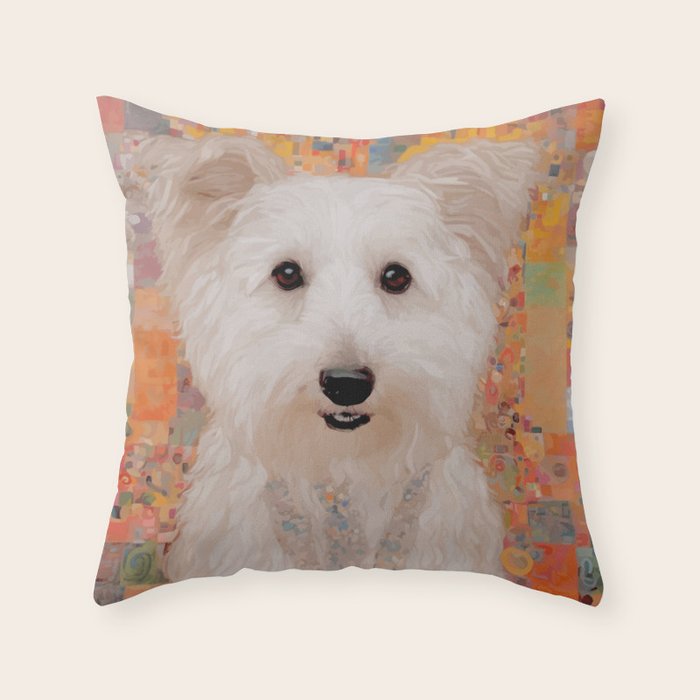 White Klimt Dog with Brown Eyes Throw Pillow Gallery Image 6