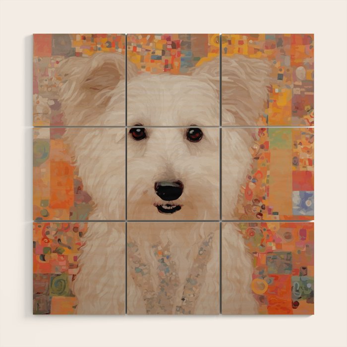 White Klimt Dog with Brown Eyes Wood Wall Art Gallery Image 1