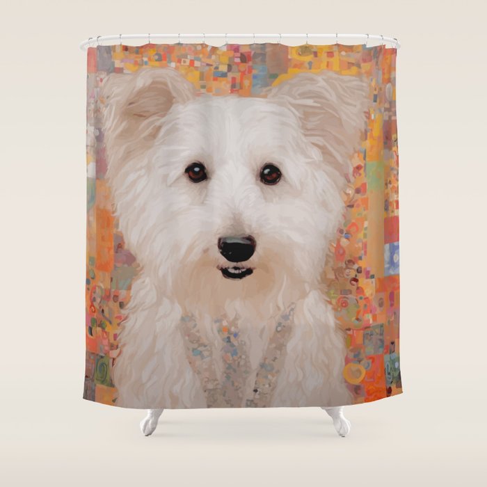 White Klimt Dog with Brown Eyes Shower Curtain Gallery Image 1