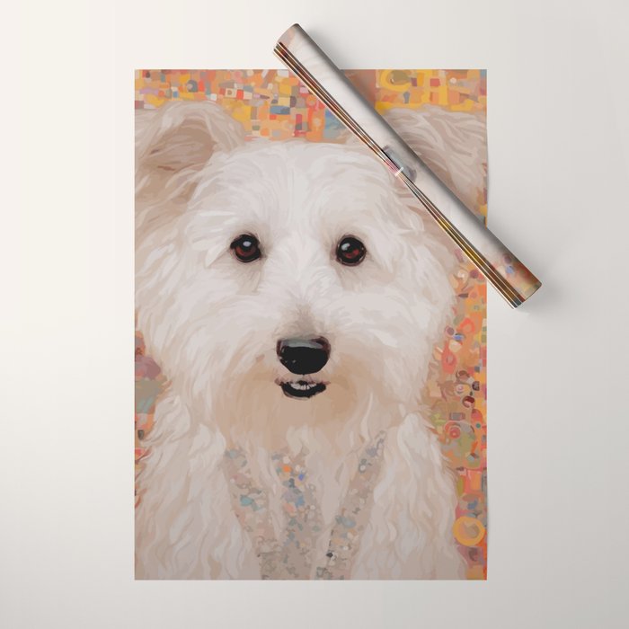White Klimt Dog With Brown Eyes Wrapping Paper Gallery Image 1