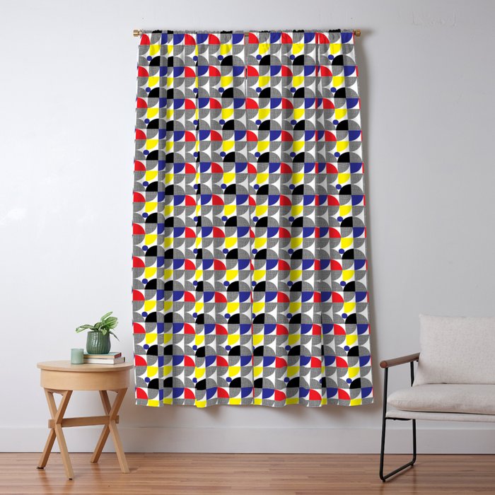 Textured Mid-century Circles 5 - Red, Blue, Yellow On White Window Curtain Gallery Image 5