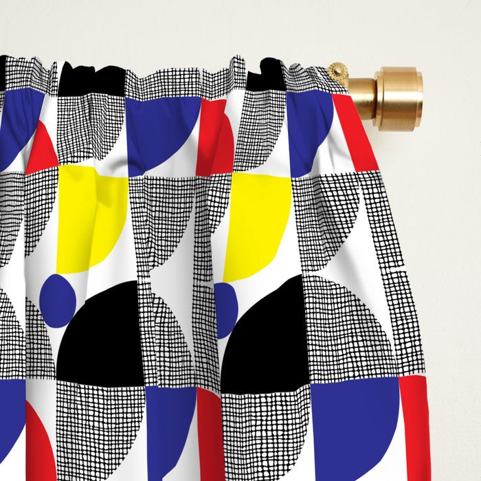 Textured Mid-century Circles 5 - Red, Blue, Yellow On White Window Curtain Gallery Image 2