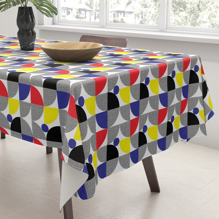 Textured Mid-century Circles 5 - Red, Blue, Yellow On White Tablecloth Gallery Image 3