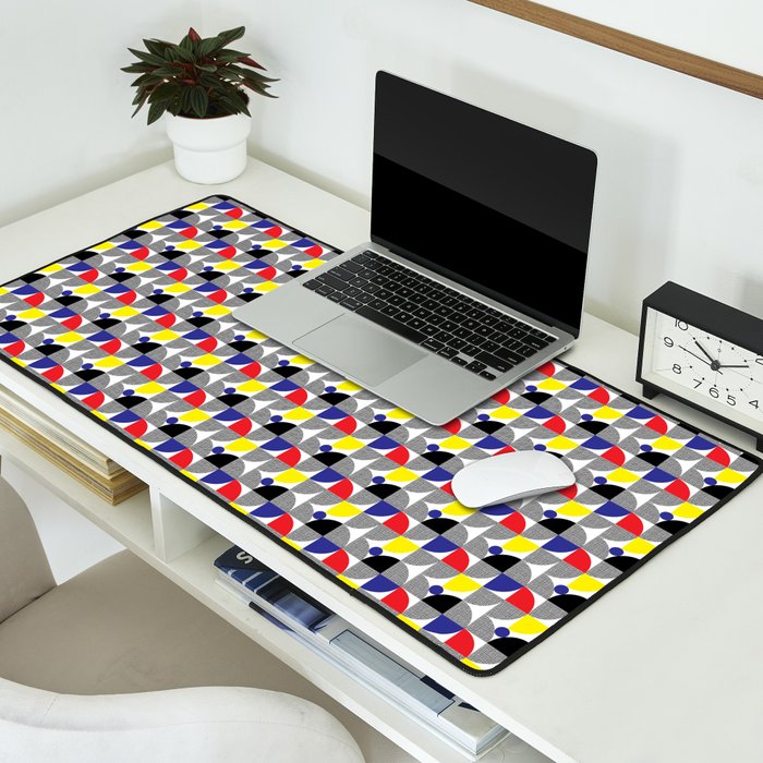 Textured Mid-century Circles 5 - Red, Blue, Yellow On White Desk Mat Gallery Image 2