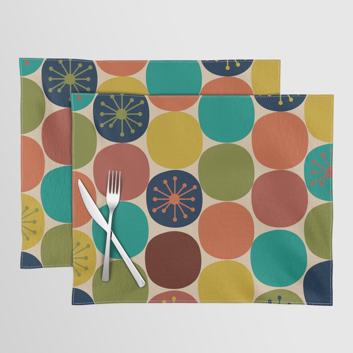 Midcentury Modern Atomic Dot Semi Pattern in Mustard, Olive, Orange, Turquoise, Blue, and Beige Placemat Gallery Image 1
