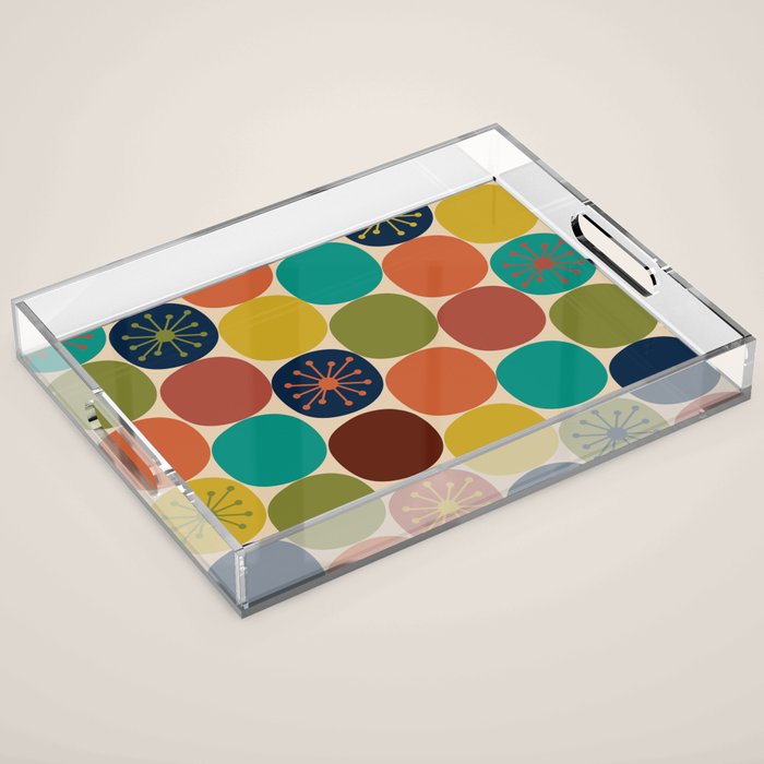 Midcentury Modern Atomic Dot Semi Pattern in Mustard, Olive, Orange, Turquoise, Blue, and Beige Acrylic Tray Gallery Image 1