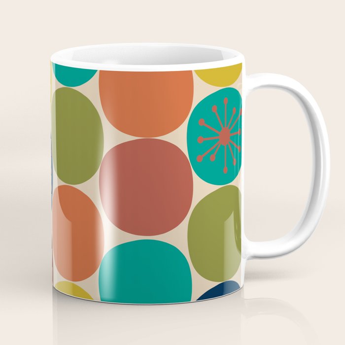 Midcentury Modern Atomic Dot Semi Pattern in Mustard, Olive, Orange, Turquoise, Blue, and Beige Coffee Mug Gallery Image 1