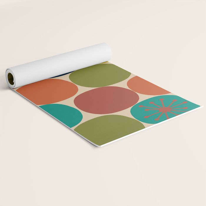 Midcentury Modern Atomic Dot Semi Pattern in Mustard, Olive, Orange, Turquoise, Blue, and Beige Yoga Mat Gallery Image 2