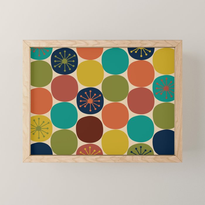 Midcentury Modern Atomic Dot Semi Pattern in Mustard, Olive, Orange, Turquoise, Blue, and Beige Mini Art Print Gallery Image 1