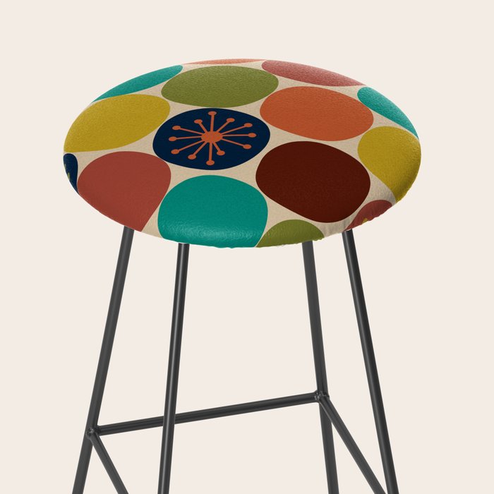 Midcentury Modern Atomic Dot Semi Pattern in Mustard, Olive, Orange, Turquoise, Blue, and Beige Stool Gallery Image 2