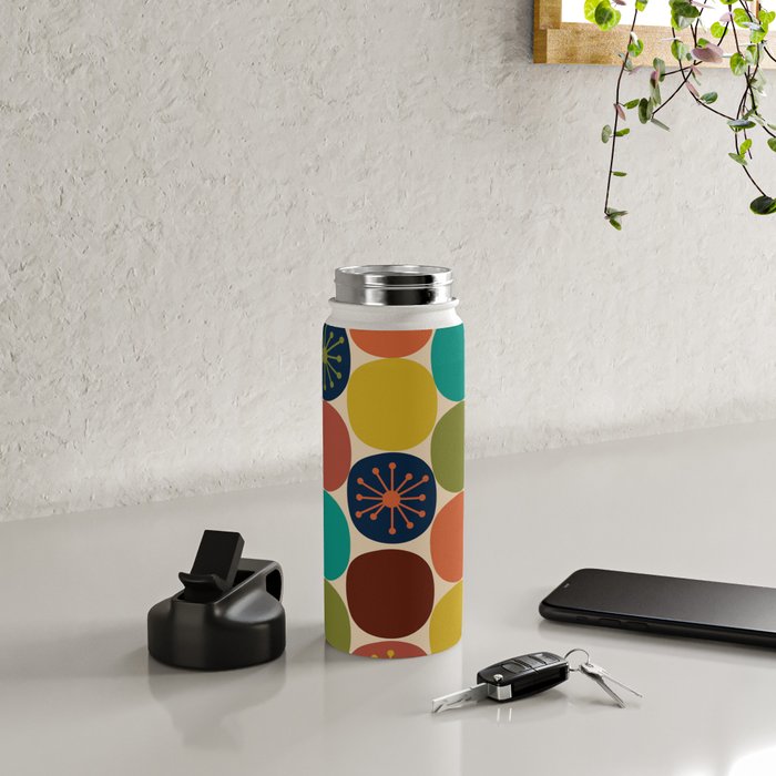Midcentury Modern Atomic Dot Semi Pattern in Mustard, Olive, Orange, Turquoise, Blue, and Beige Water Bottle Gallery Image 4