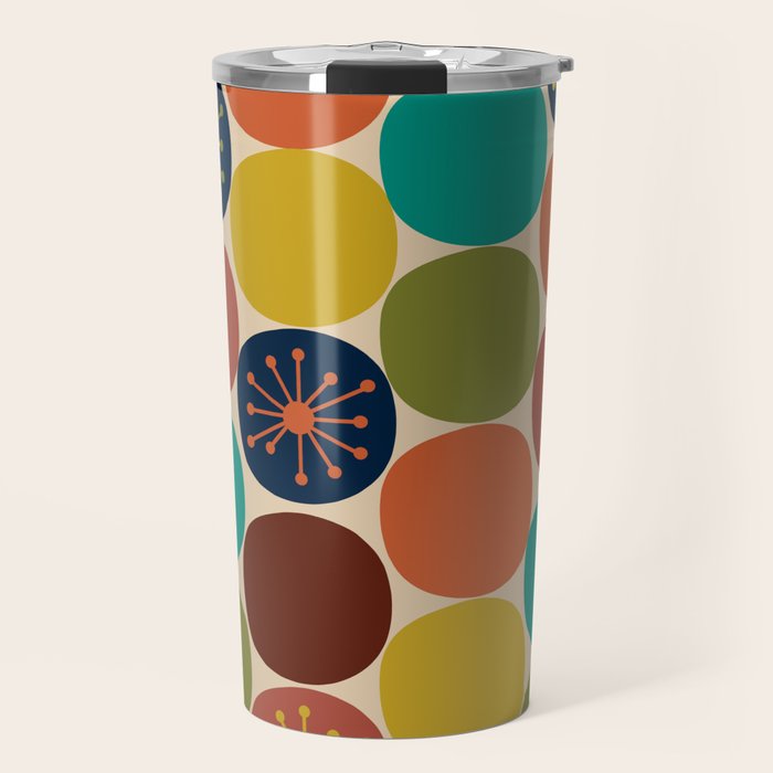 Midcentury Modern Atomic Dot Semi Pattern in Mustard, Olive, Orange, Turquoise, Blue, and Beige Travel Mug Gallery Image 1