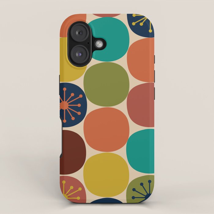 Midcentury Modern Atomic Dot Semi Pattern in Mustard, Olive, Orange, Turquoise, Blue, and Beige iPhone Case Gallery Image 1