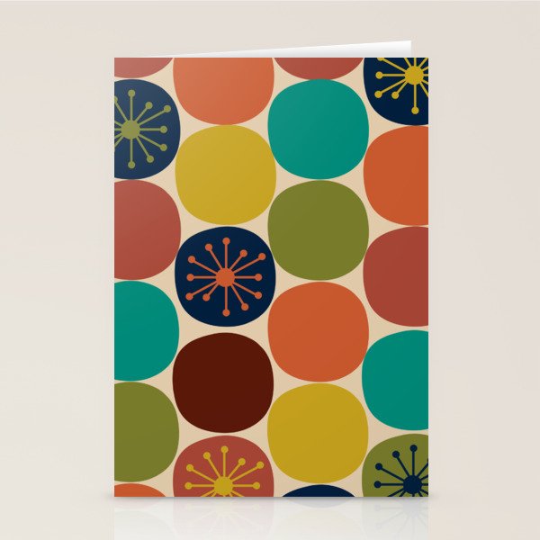 Midcentury Modern Atomic Dot Semi Pattern in Mustard, Olive, Orange, Turquoise, Blue, and Beige Stationery Card Gallery Image 2