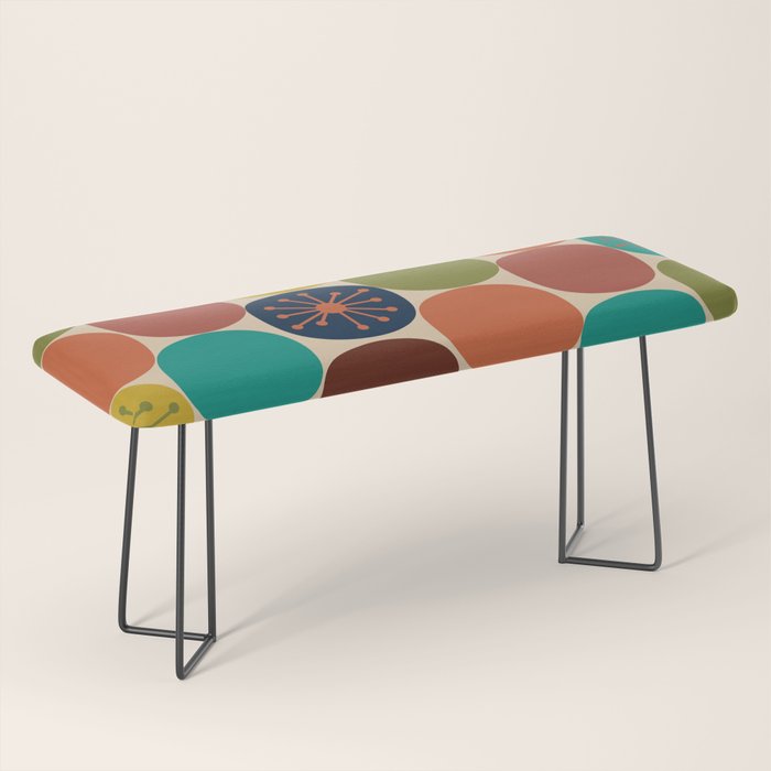 Midcentury Modern Atomic Dot Semi Pattern in Mustard, Olive, Orange, Turquoise, Blue, and Beige Bench Gallery Image 1