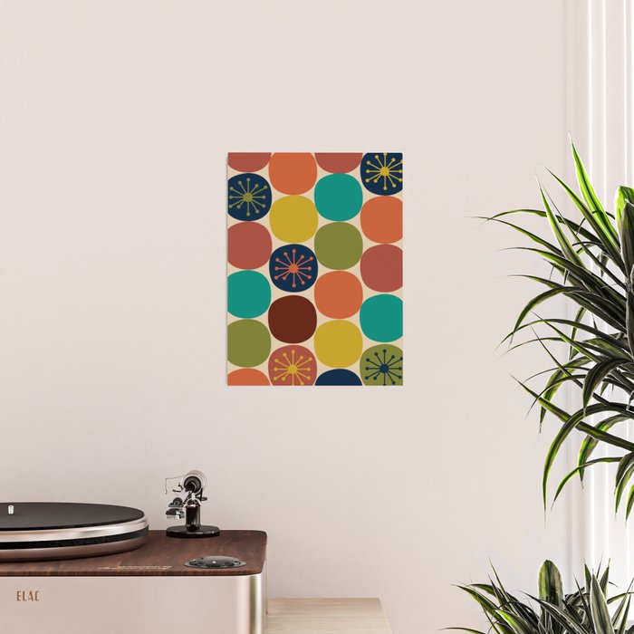 Midcentury Modern Atomic Dot Semi Pattern in Mustard, Olive, Orange, Turquoise, Blue, and Beige Poster Gallery Image 2