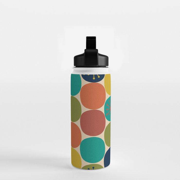 Midcentury Modern Atomic Dot Semi Pattern in Mustard, Olive, Orange, Turquoise, Blue, and Beige Water Bottle Gallery Image 2