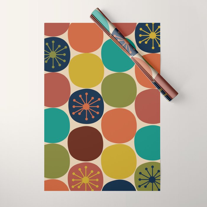 Midcentury Modern Atomic Dot Semi Pattern in Mustard, Olive, Orange, Turquoise, Blue, and Beige Wrapping Paper Gallery Image 1