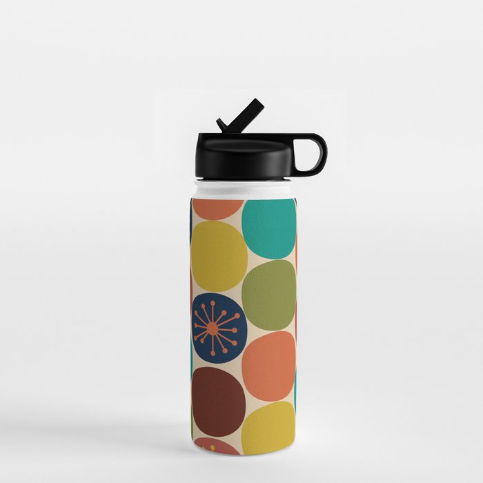 Midcentury Modern Atomic Dot Semi Pattern in Mustard, Olive, Orange, Turquoise, Blue, and Beige Water Bottle Gallery Image 1