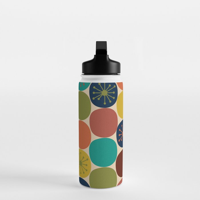 Midcentury Modern Atomic Dot Semi Pattern in Mustard, Olive, Orange, Turquoise, Blue, and Beige Water Bottle Gallery Image 3