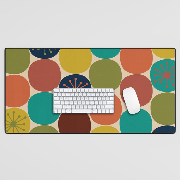 Midcentury Modern Atomic Dot Semi Pattern in Mustard, Olive, Orange, Turquoise, Blue, and Beige Desk Mat Gallery Image 1