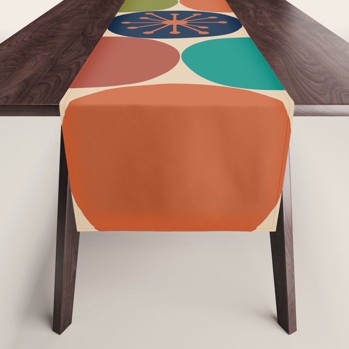Midcentury Modern Atomic Dot Semi Pattern in Mustard, Olive, Orange, Turquoise, Blue, and Beige Table Runner Gallery Image 1