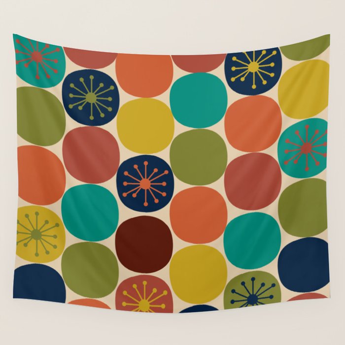 Midcentury Modern Atomic Dot Semi Pattern in Mustard, Olive, Orange, Turquoise, Blue, and Beige Wall Tapestry Gallery Image 4