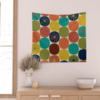 Midcentury Modern Atomic Dot Semi Pattern in Mustard, Olive, Orange, Turquoise, Blue, and Beige Wall Tapestry Gallery Image 2