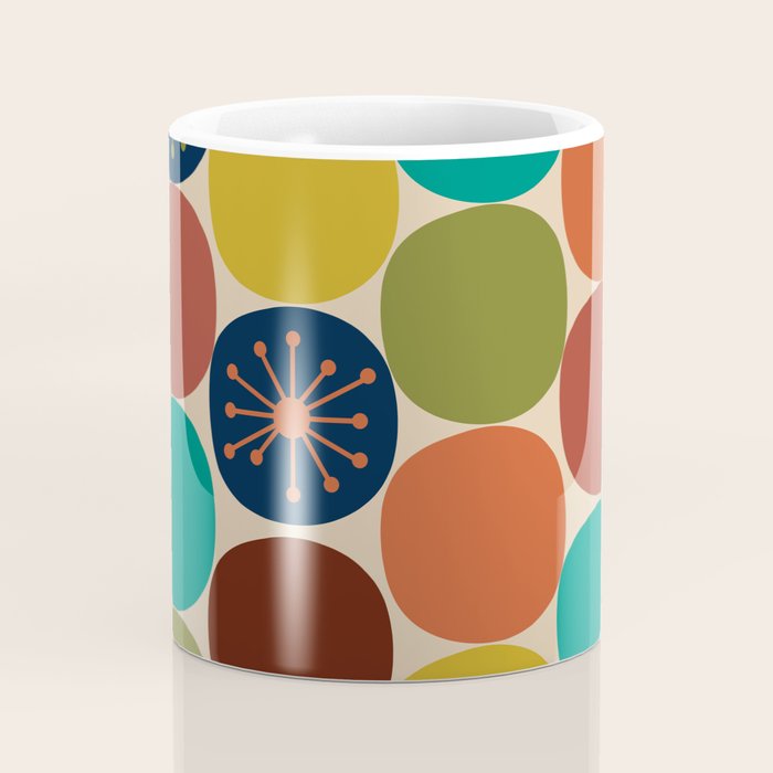 Midcentury Modern Atomic Dot Semi Pattern in Mustard, Olive, Orange, Turquoise, Blue, and Beige Coffee Mug Gallery Image 4