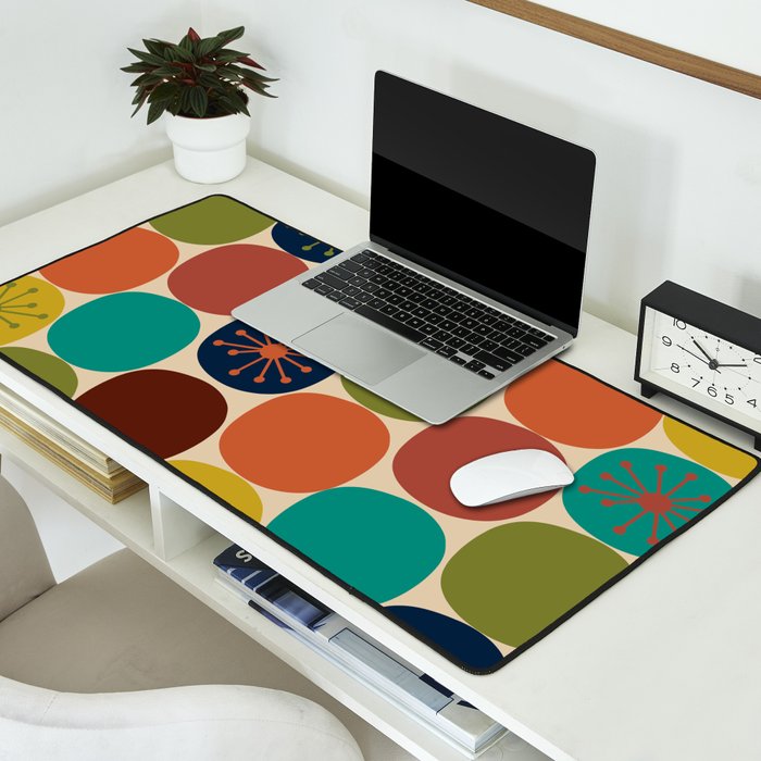 Midcentury Modern Atomic Dot Semi Pattern in Mustard, Olive, Orange, Turquoise, Blue, and Beige Desk Mat Gallery Image 2