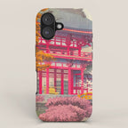 Japanese Woodblock Print Vintage Bright East Asian Red Pagoda Spring Garden iPhone Case Gallery Image 1