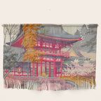 Japanese Woodblock Print Vintage Bright East Asian Red Pagoda Spring Garden Wall Hanging Gallery Image 1