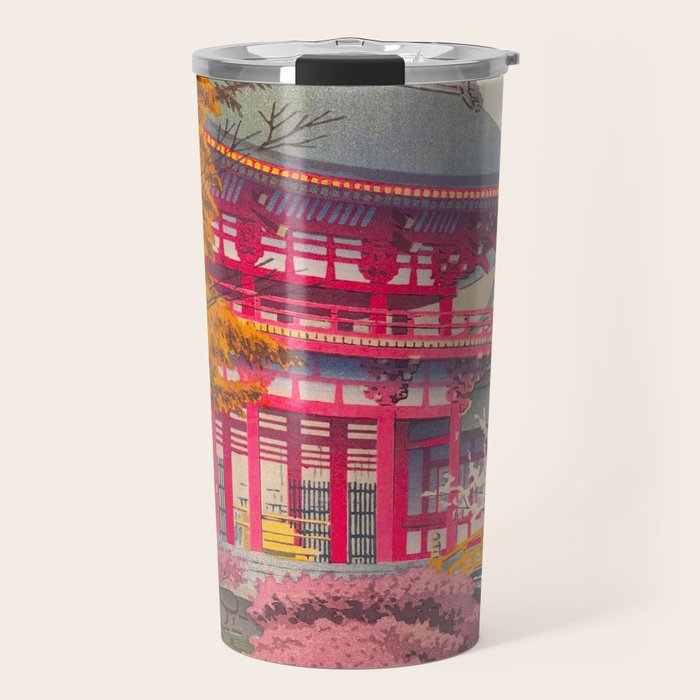 Japanese Woodblock Print Vintage Bright East Asian Red Pagoda Spring Garden Travel Mug Gallery Image 1