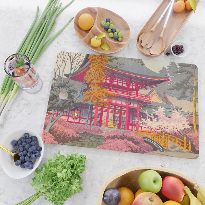 Japanese Woodblock Print Vintage Bright East Asian Red Pagoda Spring Garden Cutting Board Gallery Image 2