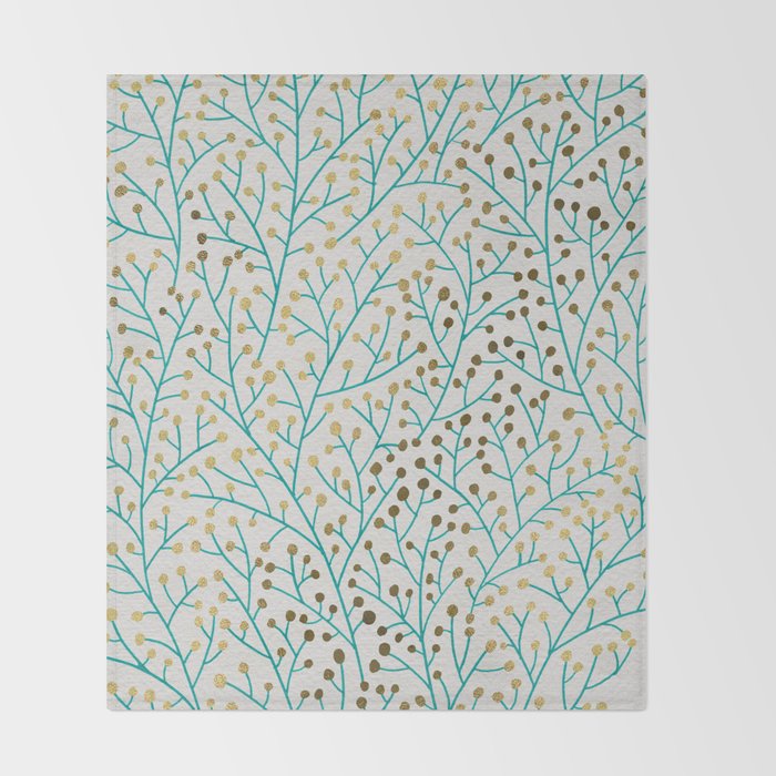 Berry Branches - Turquoise & Gold Throw Blanket Gallery Image 2