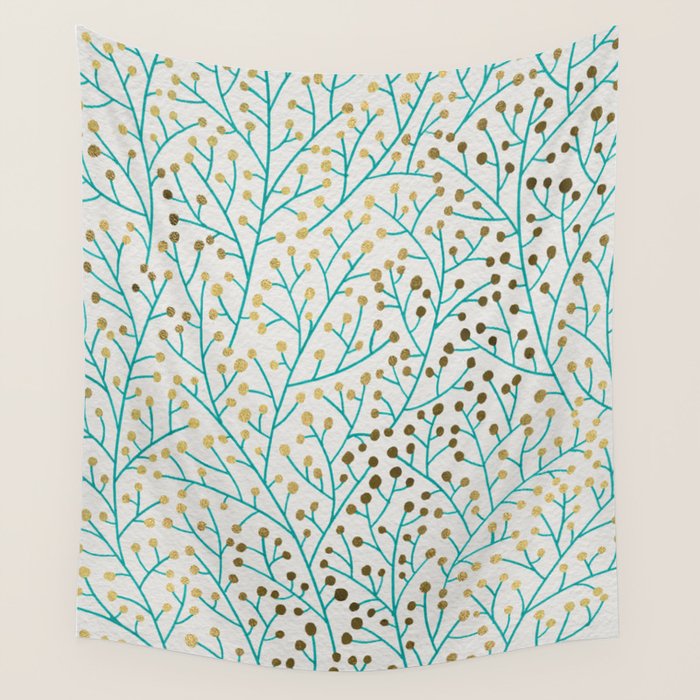 Berry Branches - Turquoise & Gold Wall Tapestry Gallery Image 1